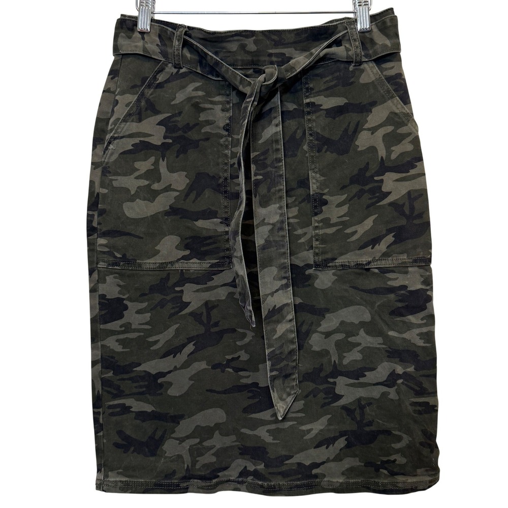 Main Street Exchange Camo Denim Skirt 6 Green Midi Tie Waist Utility Safari